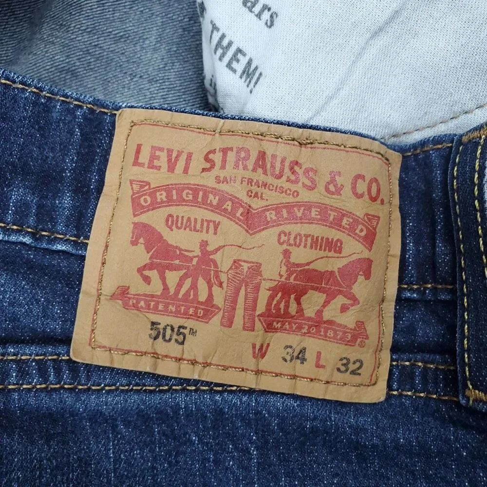 Levis 505 Jeans Mens 34x32 Blue Medium Wash Straight Stretch Zip Fly Denim
